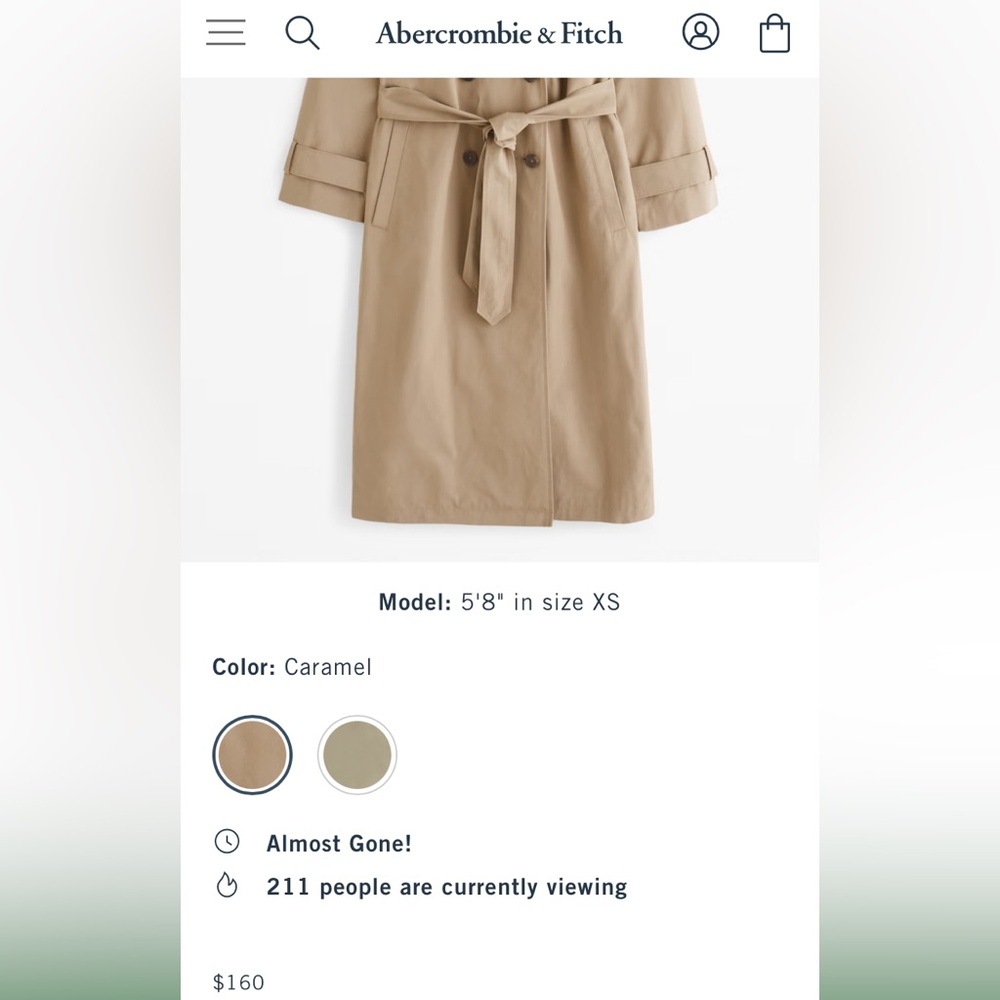 Brand New classic trench coat from Abercrombie and Fitch. Size Large caramel